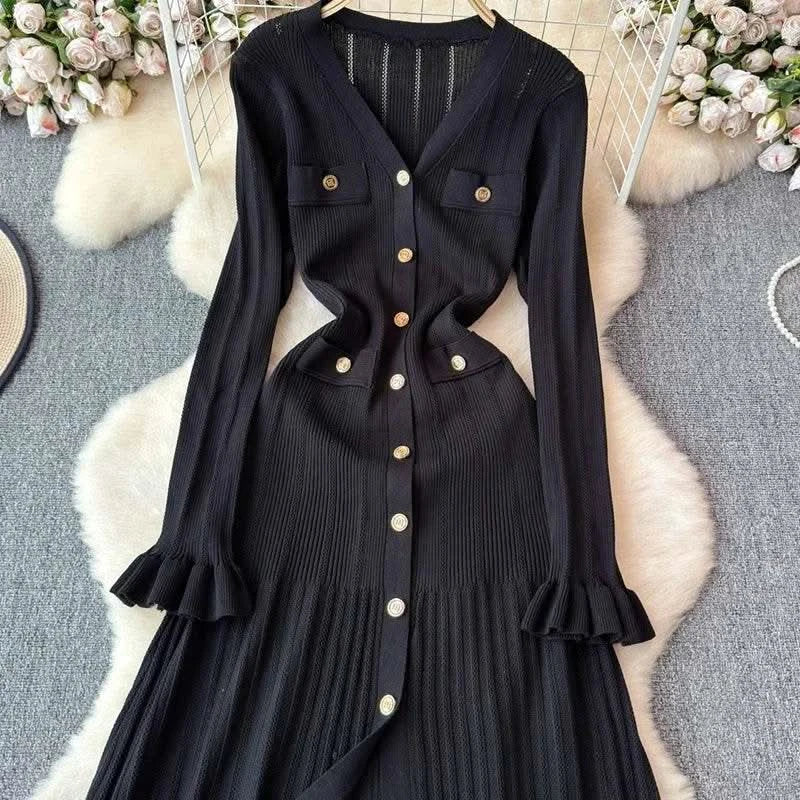 2024 Green Fashion Autumn Winter Knitted Long Dress French Style Letter Buttons Elegant Sweater Dress Lady Office Bodycon - M & M Global