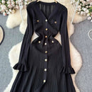 2024 Green Fashion Autumn Winter Knitted Long Dress French Style Letter Buttons Elegant Sweater Dress Lady Office Bodycon - M & M Global