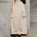 ZANZEA 2024 Vintage Cargo Maxi Skirts Women Elegant Loose Jupes Office Big Pockets Jupes Autumn Elastic Waist Skirts Streetwear