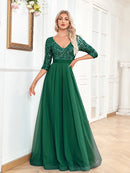 Luxury Floor Length V-Neck Evening Dress 2025 Women Elegant Party Maxi Dress Sequin Short Sleeves Prom Cocktail Gown