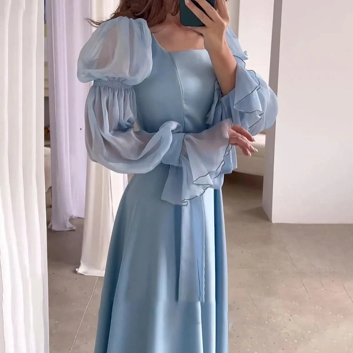 Eid Muslim Party Dress Women Sweet Puff Sleeve Long Dress Square Collar Vestidos Largo Ramadan Abayas Dubai Arab Long Robe 2024 - M & M Global