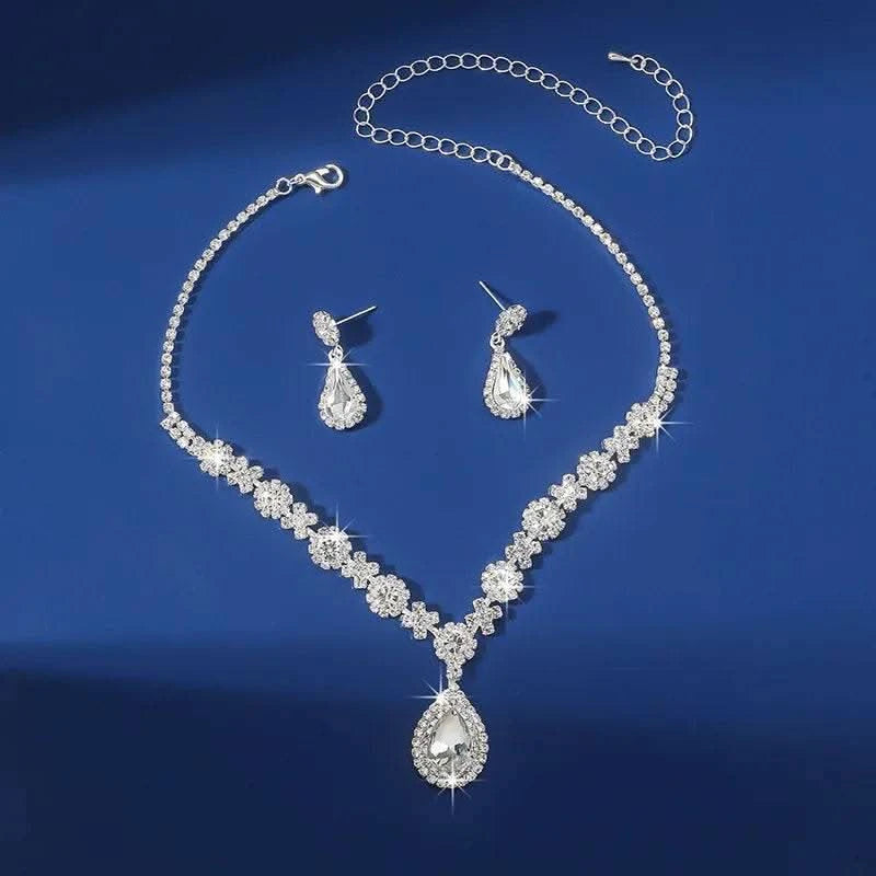2pcs/set Jewelry Sets Women Elegant Waterdrop Rhinestone Pendant Necklace stud Earrings Wedding Dress Bridal Jewelry Set - M & M Global