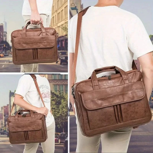 Vintage Messenger Bag for Men 17 Inch Laptop Briefcase Multi Pocket Faux Leather Shoulder Bag Business Crossbody Bag Travel - M & M Global