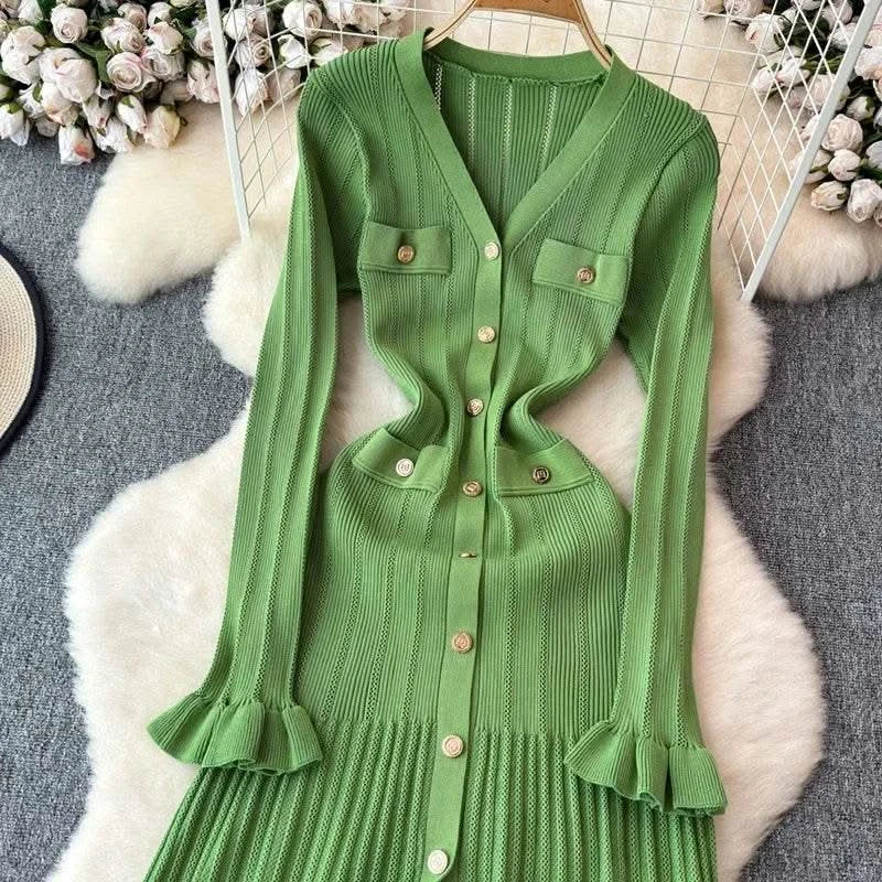 2024 Green Fashion Autumn Winter Knitted Long Dress French Style Letter Buttons Elegant Sweater Dress Lady Office Bodycon - M & M Global