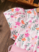 Girls' Fashionable and Simple Summer Outfit, Little Girl's Floral All-Over Print Mesh Cinched Waist Mid-Length Dress, Girls' Everyday Versatile Stylish Sweet and Energetic Children's Clothing, Young Girl's Outdoor Travel Eleg