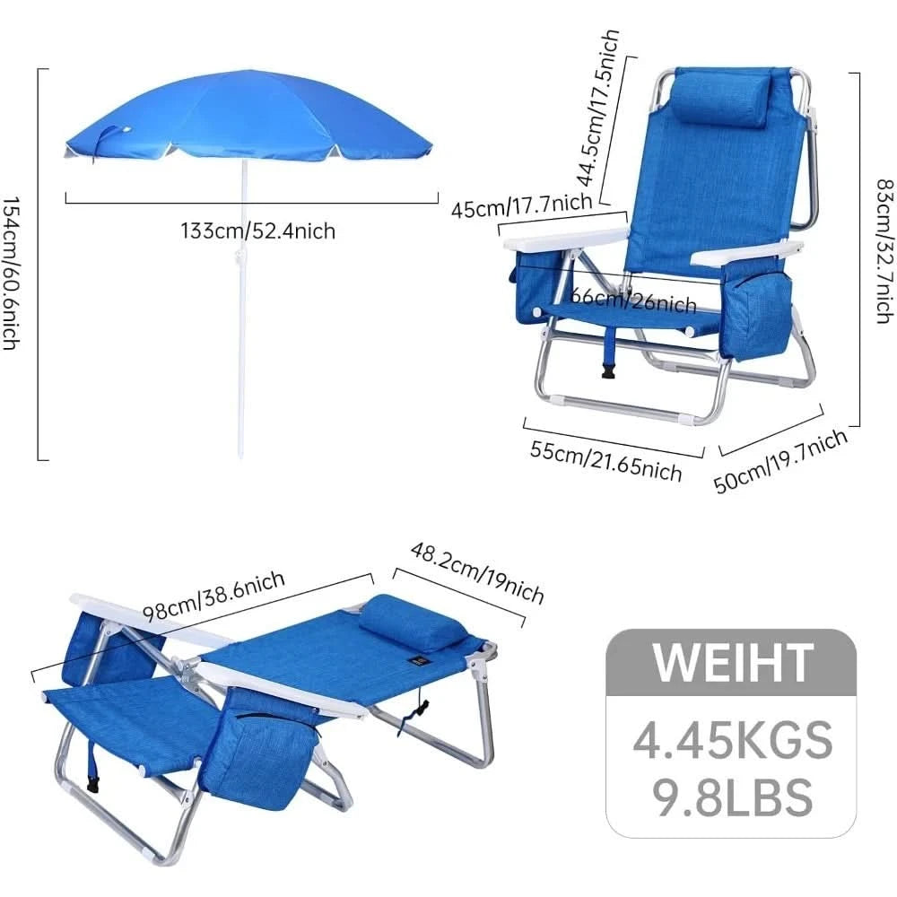 Blue Backpack Beach Chair with Cooler and Umbrella, Cup Holder for Outdoor, Camping, BBQ, Travel, Picnic
