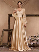 Luxury Beading Gold V-Neck Sequins Satin Evening Dresses Women Elegant Long Sleeve Wedding Party Prom Cocktail Gowns