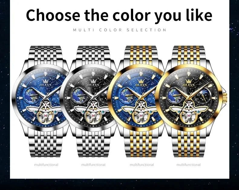 OLEVS Luxury Brand Men's Watches Luminous Waterproof Fully Automatic Mechanical Watch Starry Sky Dial Moon Phase Hollow Out - M & M Global