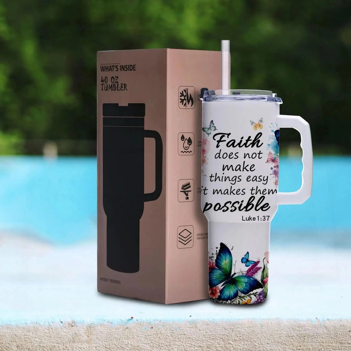 40oz Faith Quote Tumbler with Butterfly Art, Vacuum Insulated Stainless Steel with Handle and Wide Mouth, Gift for Christian Wom