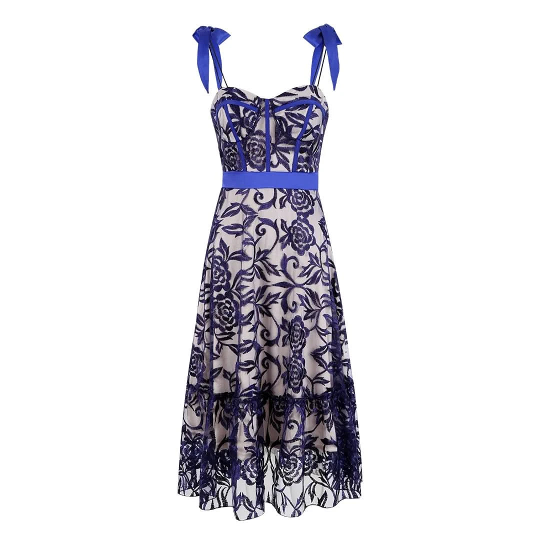 Sexy Lace Jacquard See Through Women Dress Sleeveless Tie Up Backless lace Long Dress Summer Party Ladies Bandage Party Dress - M & M Global