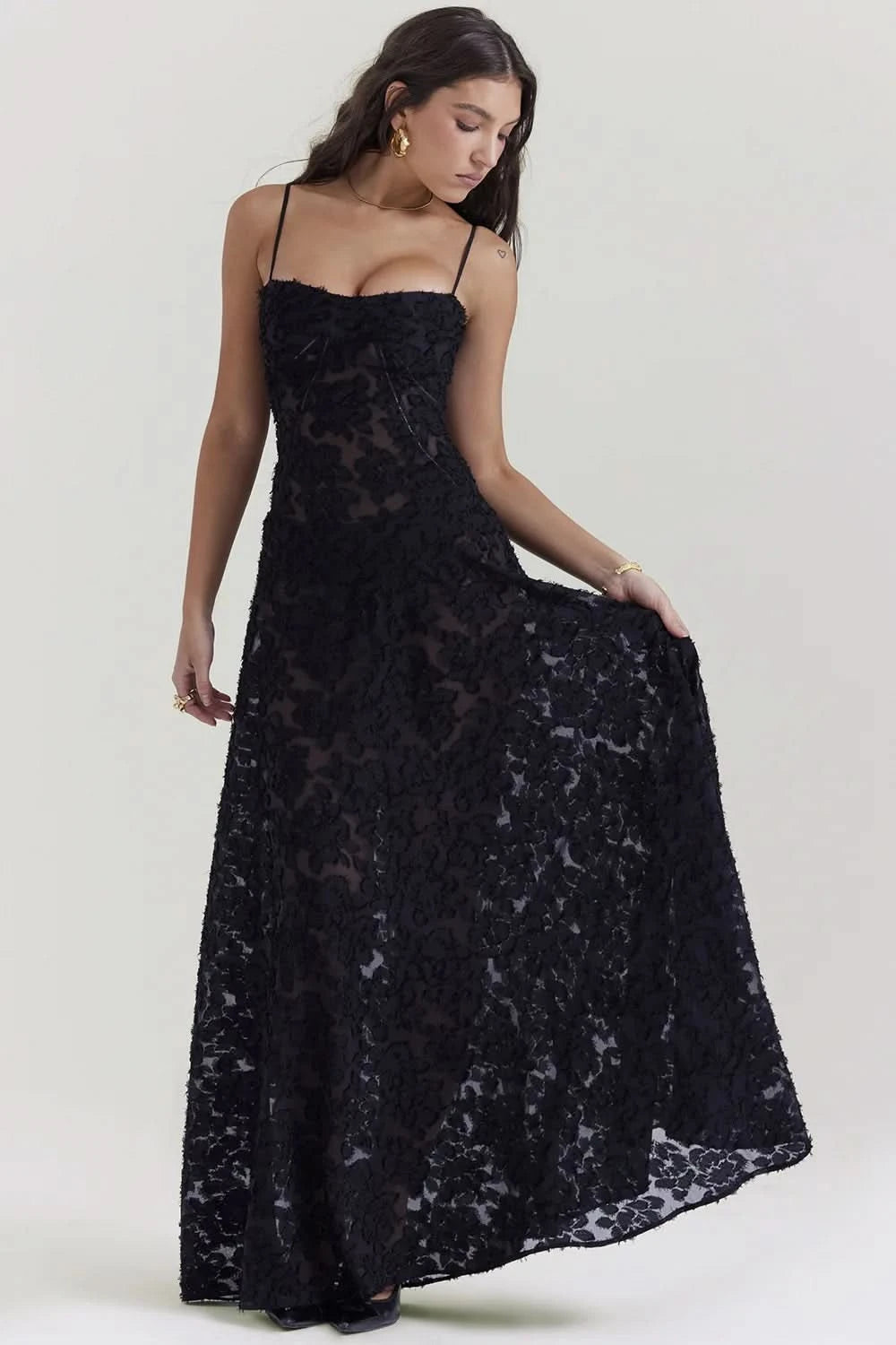 Sexy Lace Jacquard See Through Women Dress Sleeveless Tie Up Backless lace Long Dress Summer Party Ladies Bandage Party Dress - M & M Global