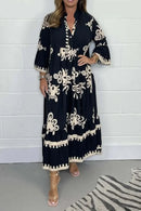 Women's Printed Loose Ethnic Retro Dress Spring Autumn V Neck Button A-Line Long Dress Summer 3/4 Sleeve Bohemian Maxi Dresses - M & M Global