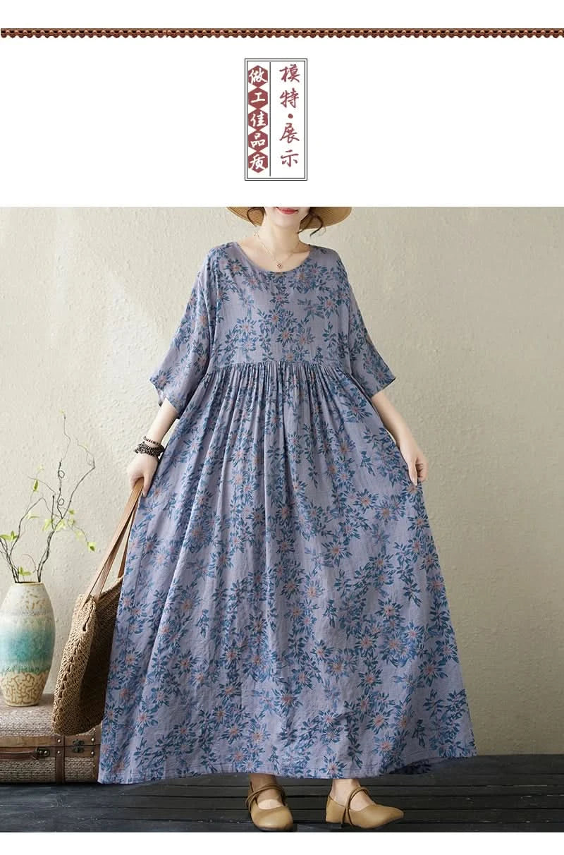 Oversized Summer Long Dress Women Floral Print Fashion Short Sleeve Ladies Dresses Casual Loose Ruffle Pleated Woman New Dress - M & M Global