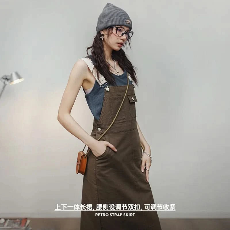 Maden 2024 New Women's Maillard Suspender Straight Skirt and Age-reducing Lazy Style Stackable Long Dress for Spring and Summer - M & M Global