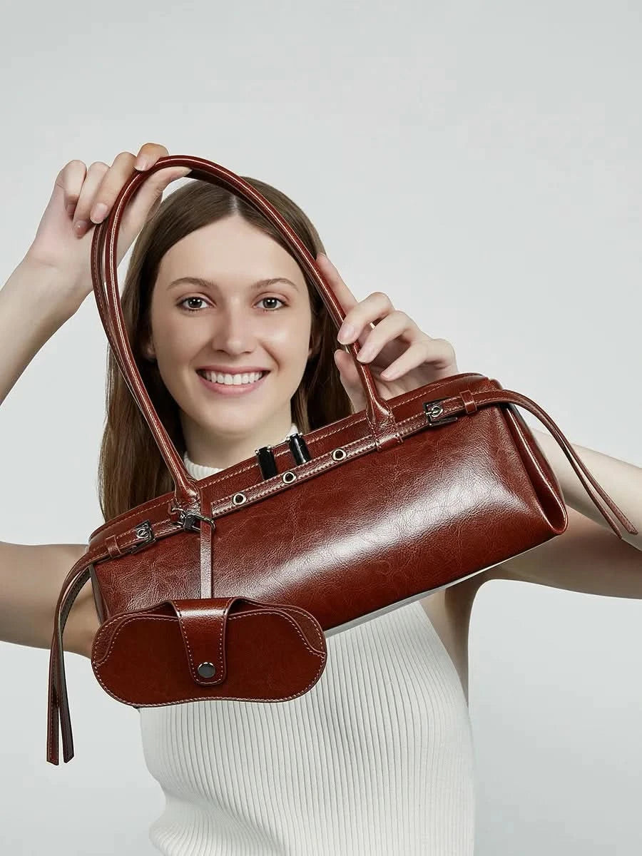 Genuine Leather Women's Baguette Bag Niche Retro Motorcycle Trend Cool belt Handbag New Luxury Design Shoulder Underarm Bag - M & M Global