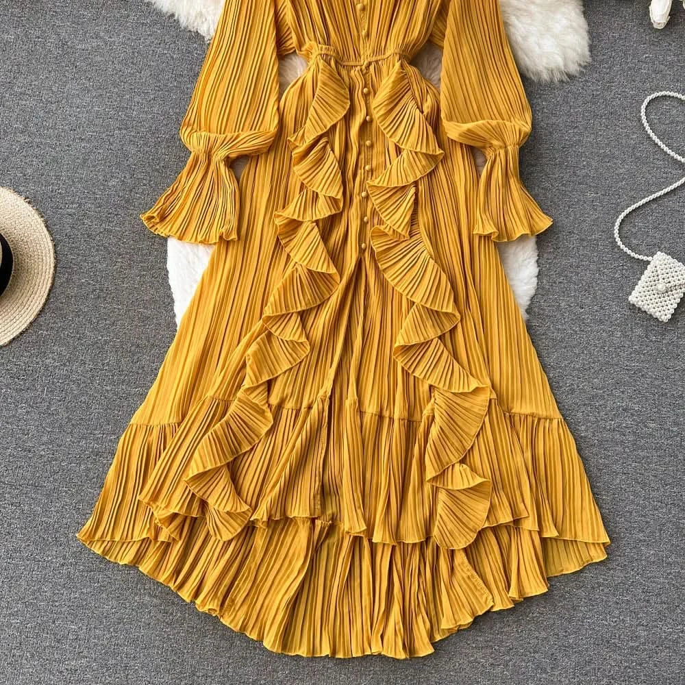 Purple/Brown/Red Chiffon Pleated Long Dress Women Vintage V-Neck Flare Sleeve Draped Ruffle Vestido Female Maxi Robe Spring Fall - M & M Global