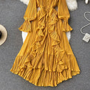 Purple/Brown/Red Chiffon Pleated Long Dress Women Vintage V-Neck Flare Sleeve Draped Ruffle Vestido Female Maxi Robe Spring Fall - M & M Global