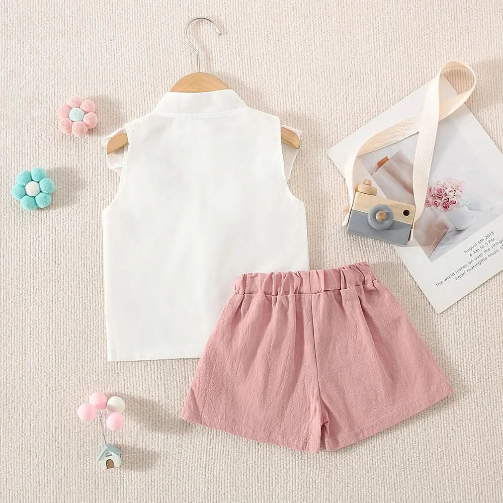 Summer New Girls' Two-Piece Set Lace Flower Embroidery Bow Two-Piece Set Loose Casual Two-Piece Shorts - M & M Global