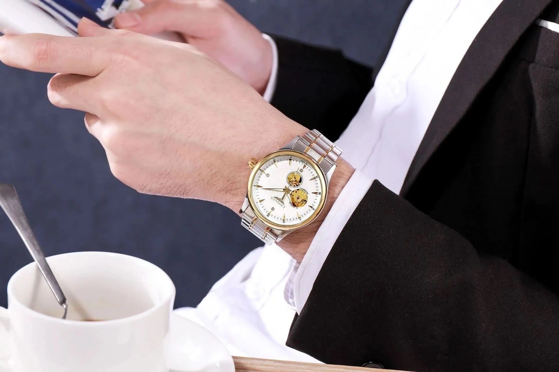 LONGLUX Men automatic mechanical watch elegant luxury watches waterproof skeleton business wholesale stainless steel gift watch - M & M Global