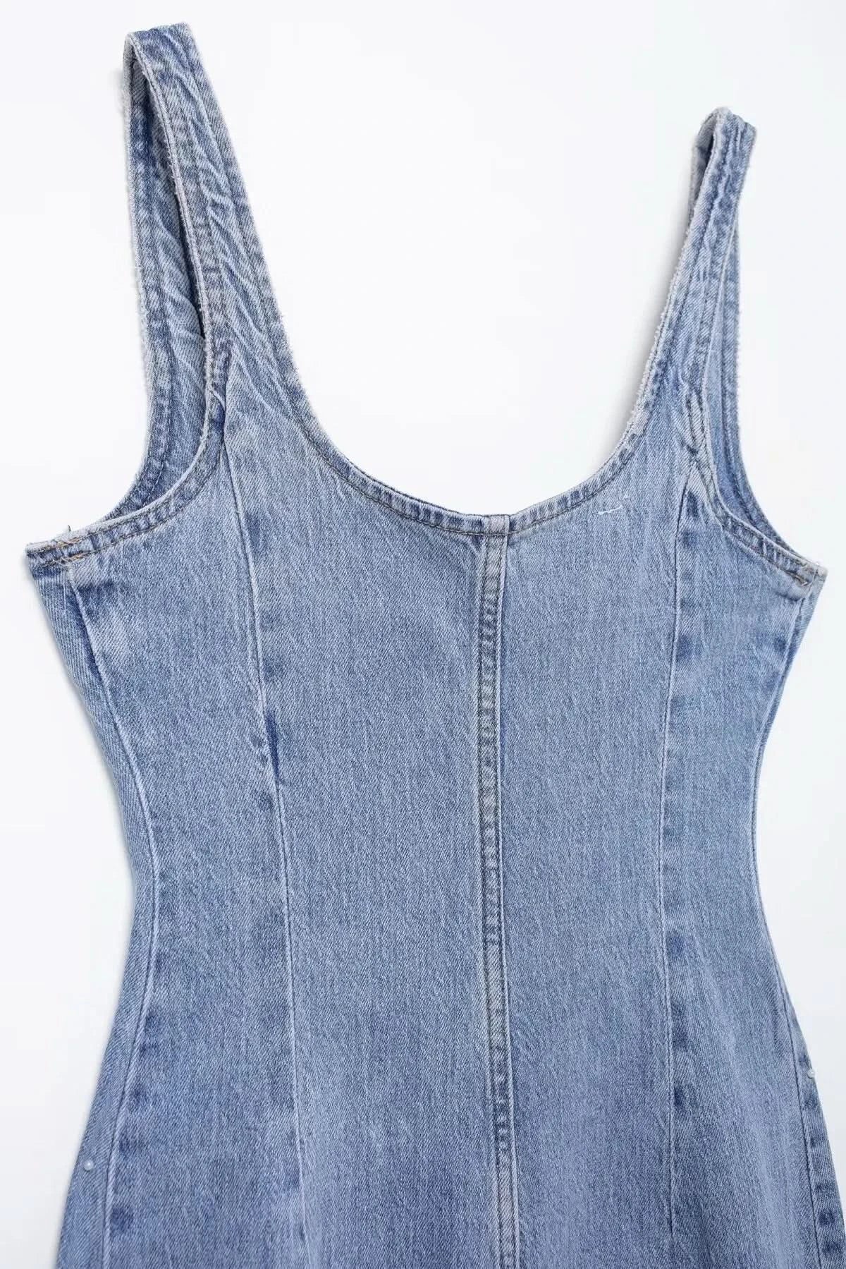 TRAFSHE Summer Ladies Zipper Denim Dress Women Elegant Spaghetti Strap Sexy O-Neck Vintage Casual Female Sling Mid-Long Dress ﻿ - M & M Global