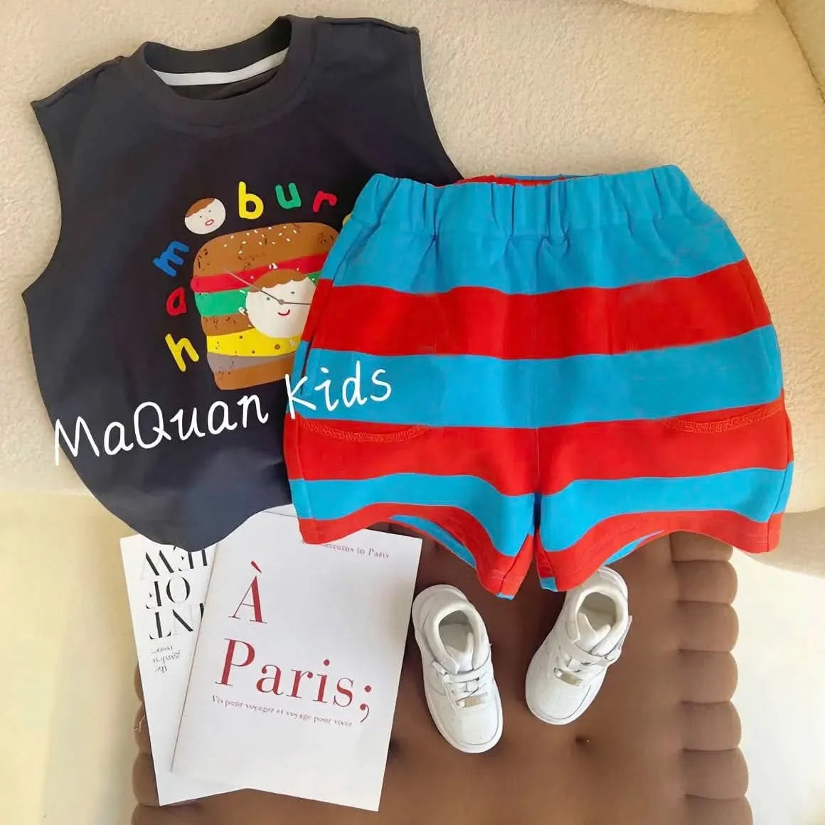 2025 Summer Baby Clothing Set Infant Boys Girls Cute Hamburg Print Sleeveless T-shirt and Stripe Shorts 2Pcs Suit Toddler Outfit - M & M Global