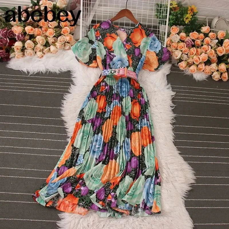 Women Dress Fashion Vintage Ins Bandage Slim Waist A-line Long Dress Vacation Beach Summer Outfits Lady Robe Femme - M & M Global
