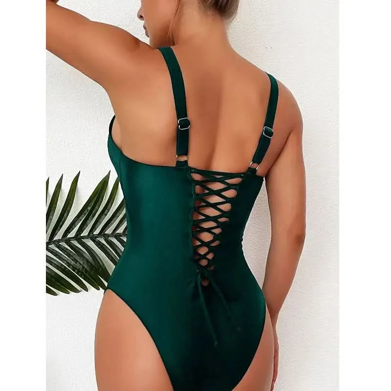 Women s-xxl size swimsuit One Piece black back bandage bikini Swimwear high waist bathing suit beach outfits bodysuit biquini - M & M Global