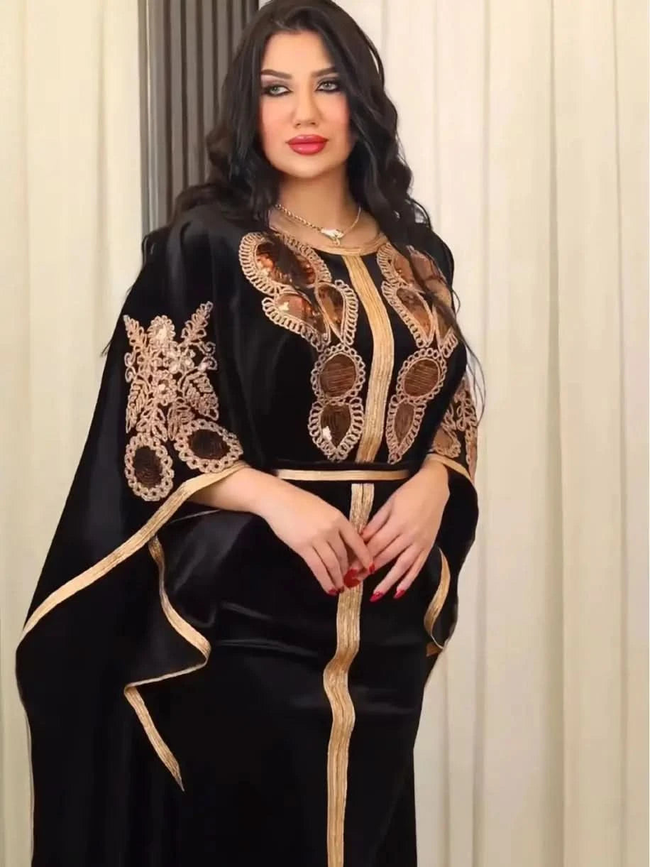 Ramadan Luxury Muslim Fashion Bat Sleeve Moroccan Turkiye Dubai Dress Middle East Arab Dress Sequins Golden Velvet Long Dress - M & M Global