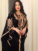 Ramadan Luxury Muslim Fashion Bat Sleeve Moroccan Turkiye Dubai Dress Middle East Arab Dress Sequins Golden Velvet Long Dress - M & M Global