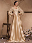 Luxury Beading Gold V-Neck Sequins Satin Evening Dresses Women Elegant Long Sleeve Wedding Party Prom Cocktail Gowns