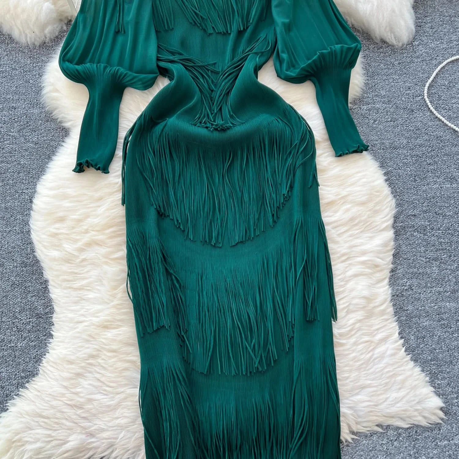 Vintage O-Neck Elegant Long Lantern Sleeve Chic Tassel Slim Long Dress French Fashion Evening High Street Autumn Winter Clothing - M & M Global