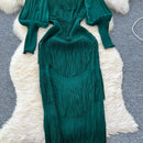 Vintage O-Neck Elegant Long Lantern Sleeve Chic Tassel Slim Long Dress French Fashion Evening High Street Autumn Winter Clothing - M & M Global