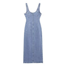 TRAFSHE Summer Ladies Zipper Denim Dress Women Elegant Spaghetti Strap Sexy O-Neck Vintage Casual Female Sling Mid-Long Dress ﻿ - M & M Global