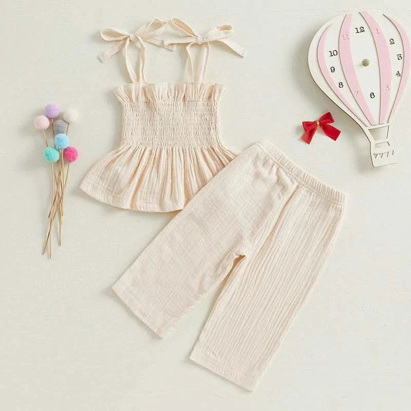 Adorable Toddler Girl Sleeveless Top and Shorts Set with Cute Bow Embroidery Detail - Summer Outfit for Little Princesses - M & M Global