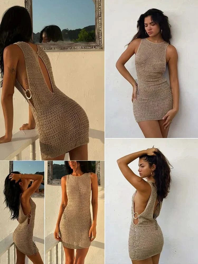 2024 Summer Sexy One Neck Cut Out Circle Decoration Corset Slim Beach Mini Dress Women Seaside Beachwear Swimwear Cover Up A2796 - M & M Global