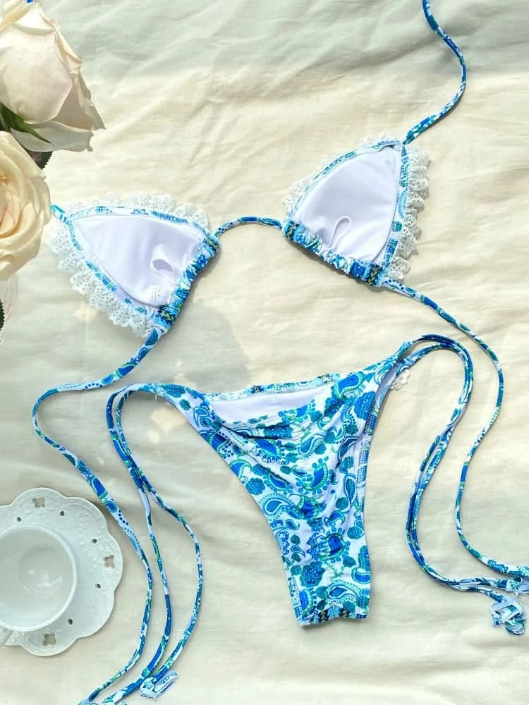 ZRTAK Sexy Swimwear Women Bikini String Swimming Suit For Women Bathing Suit Micro Folds Hight Cut Lace Halter Bikinis Set - M & M Global
