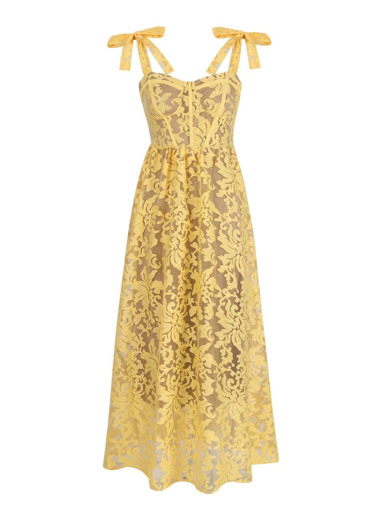 Sexy Lace Jacquard See Through Women Dress Sleeveless Tie Up Backless lace Long Dress Summer Party Ladies Bandage Party Dress - M & M Global