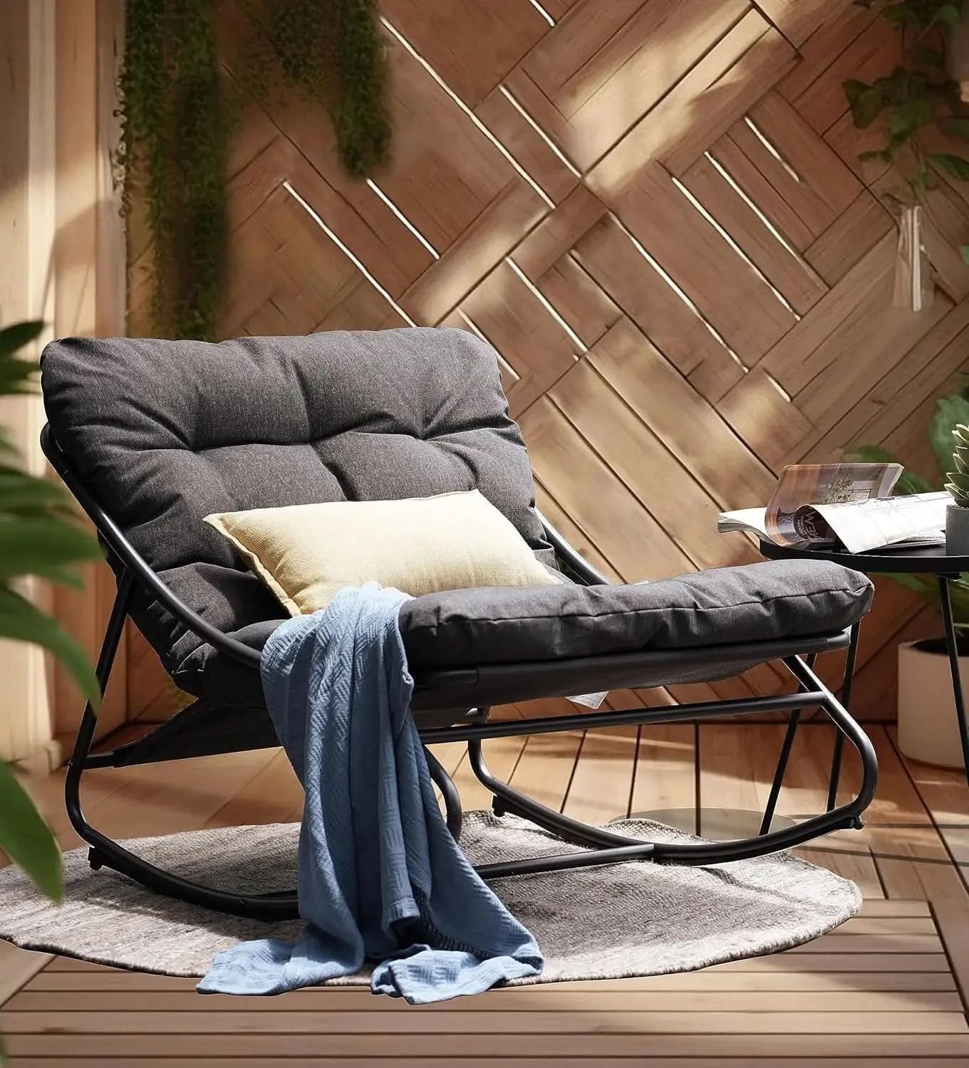 Outdoor Rocking Chair,E-Coated Modern Cozy Lounge Rocker Chair for Both Outdoor Indoor with Puffy Cushion, Patio Rocking Chair