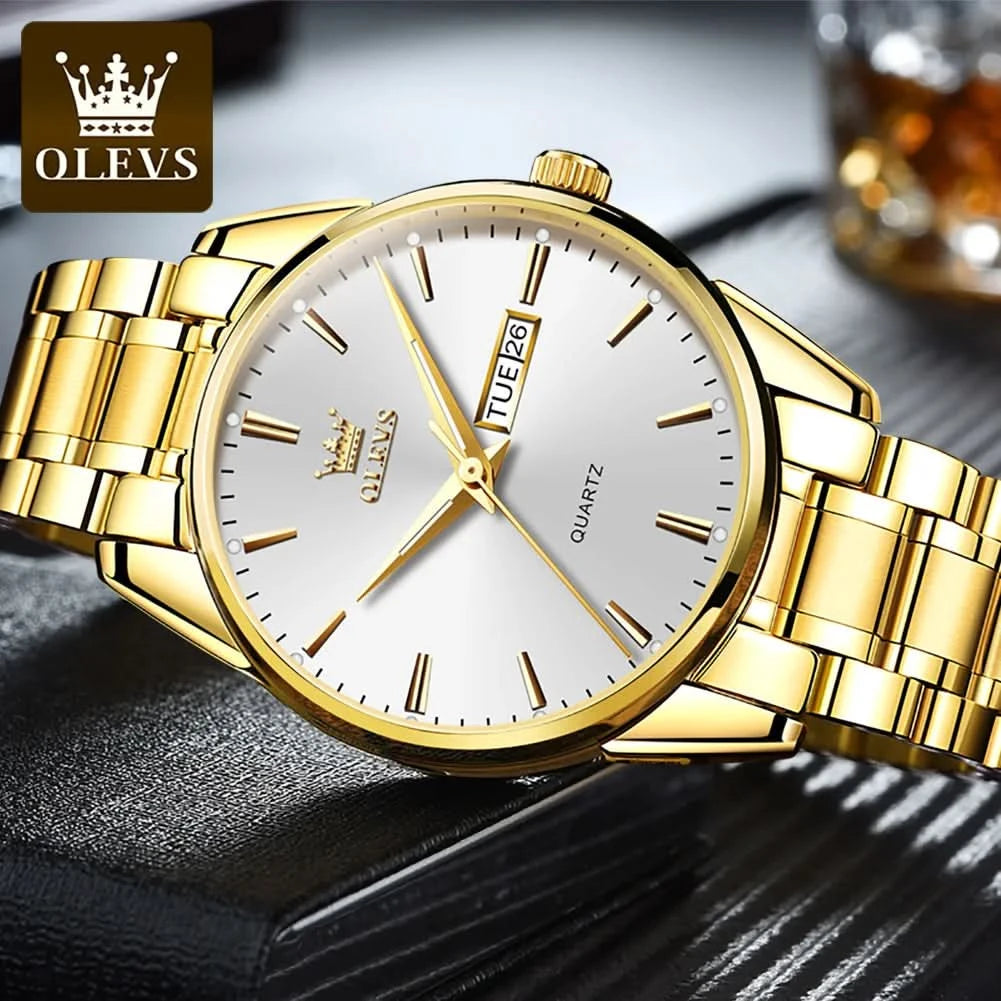 OLEVS Men Watches Waterproof Stainless Steel Quartz Male Wristwatch Gold Watch Fashion Luminous Luxury Calendar Business Clock - M & M Global