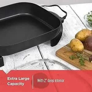 Electric Skillet, Variable Temperature Control, Nonstick Cooking Surface, Dishwasher Safe, Tempered Glass Lid, 12"x15" - M & M Global