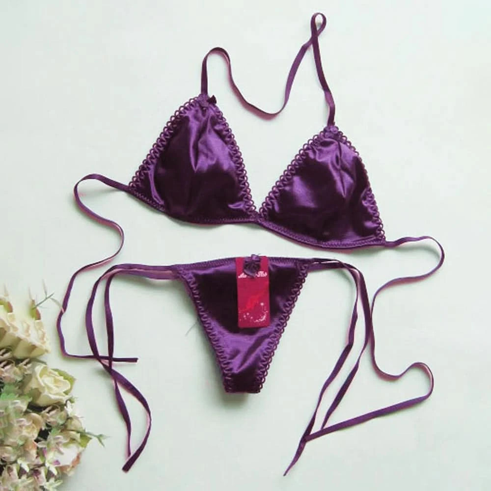 Sexy Lingerie Set Womens Satin Silk Thong Underwear Bra Panties T-back Lace Up Top Briefs Bikini Beach Swimming Bathing Suit - M & M Global