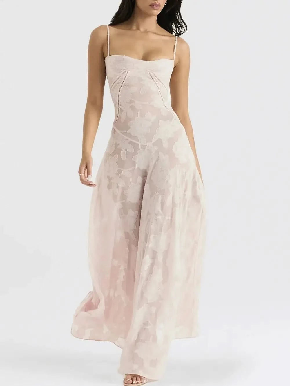 Sexy Lace Jacquard See Through Women Dress Sleeveless Tie Up Backless lace Long Dress Summer Party Ladies Bandage Party Dress - M & M Global