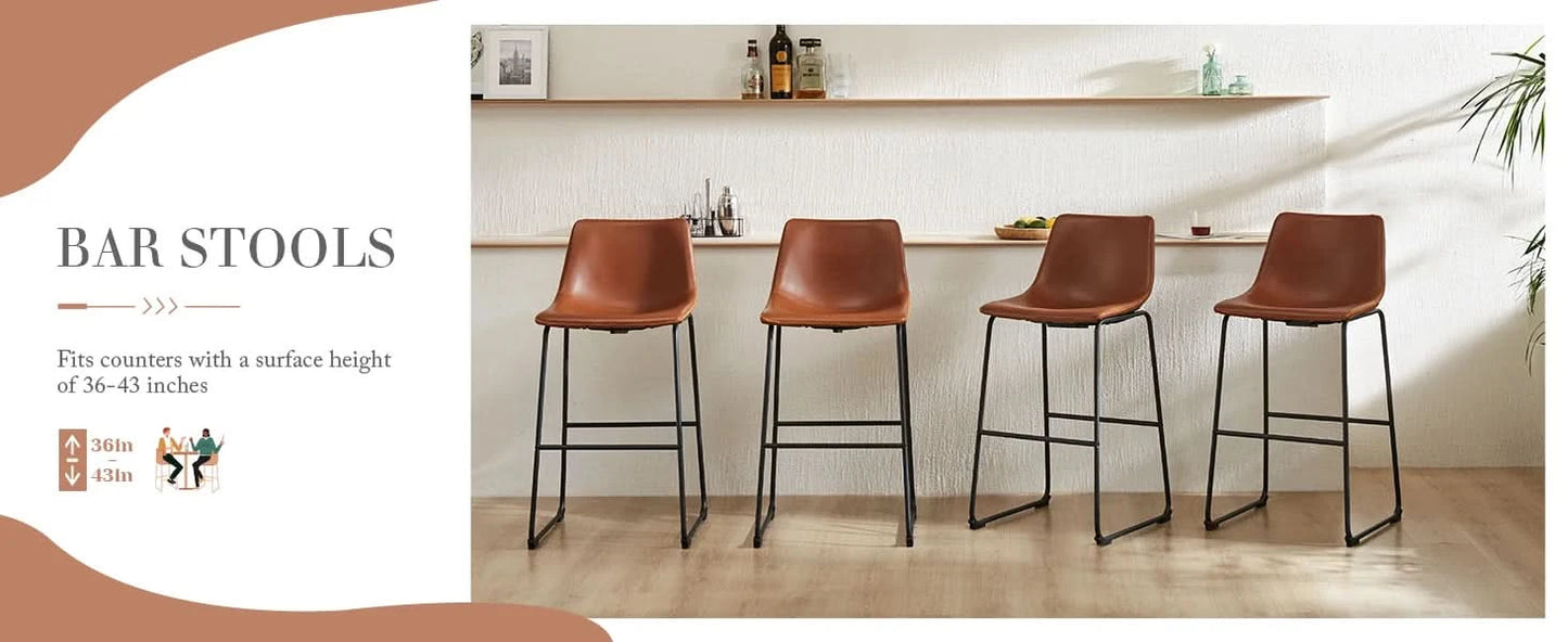 JHK Leather Modern Bar Bench 2-piece Set Armless Metal Leg Brown Bar Bench with Backrest Home Chair Living Room Furniture