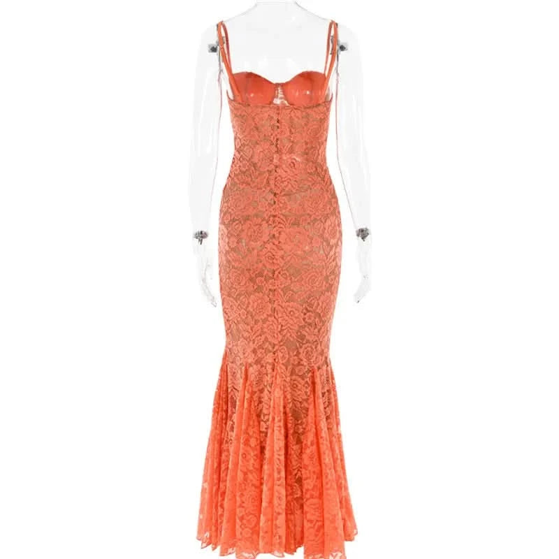 Mozision Floral Lace Sexy Maxi Dress For Women Orange Spaghetti Strap Sleeveless Backless Bodycon Club Party Long Dress Elegant - M & M Global