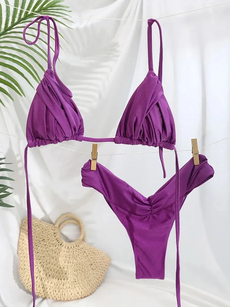 Summer 2025 Bikini Luxury Swimwear Women Biquini Folds Bikini Set Bathing Suit Women Swimsuit High Grade Champagne Bikinis Beach - M & M Global