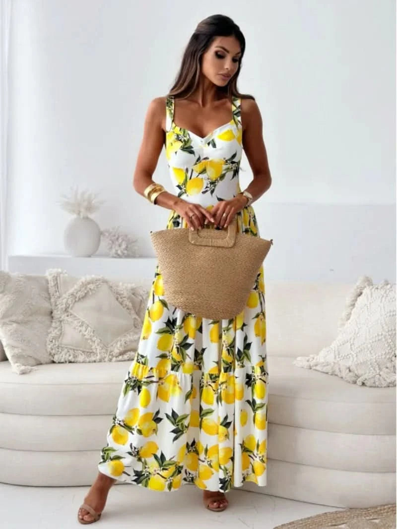 Women Clothing Sweet Sling Printed Backless Pleated Dress Spring and Summer Commuter Ruffled Woven Long Dress - M & M Global