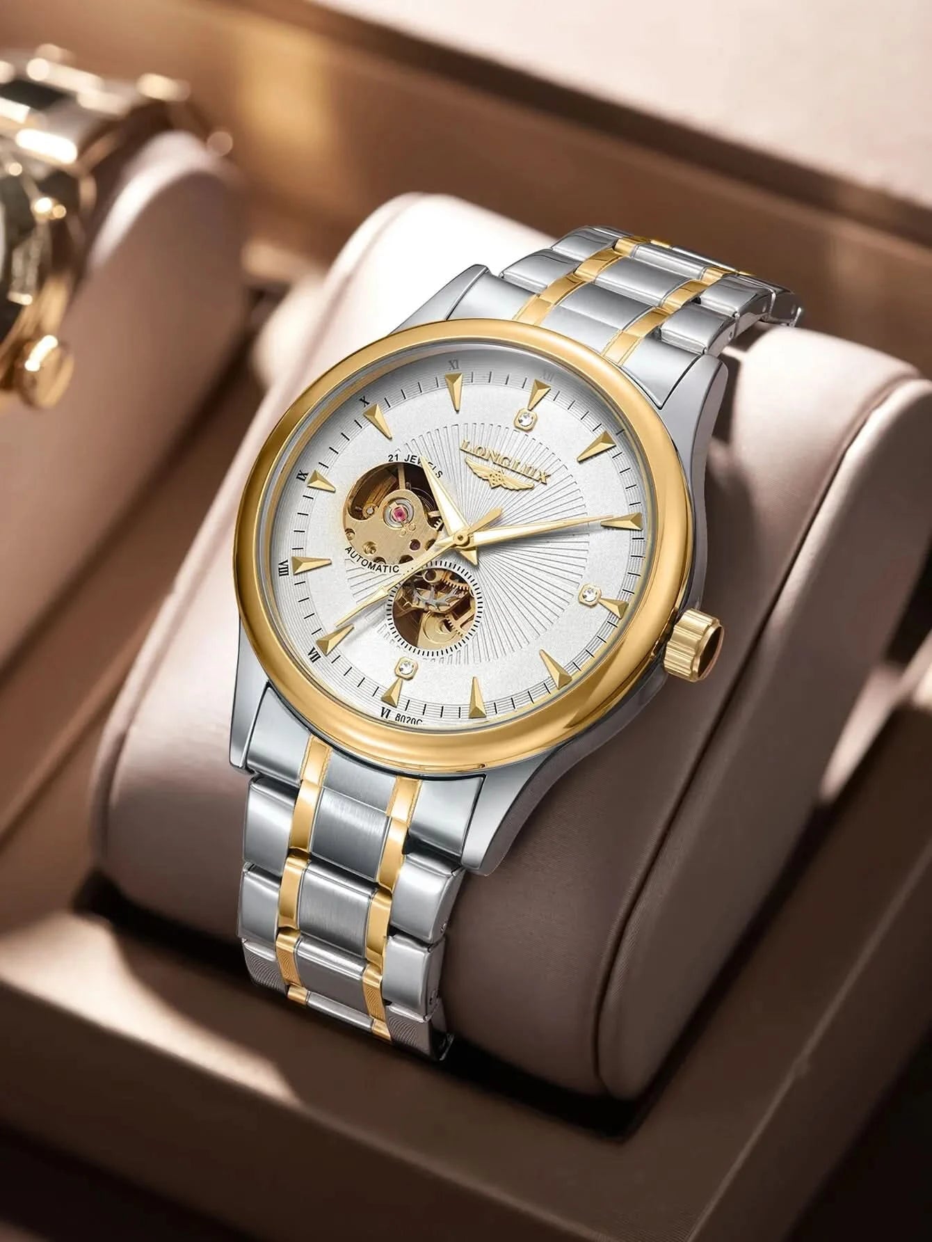 LONGLUX Men automatic mechanical watch elegant luxury watches waterproof skeleton business wholesale stainless steel gift watch - M & M Global