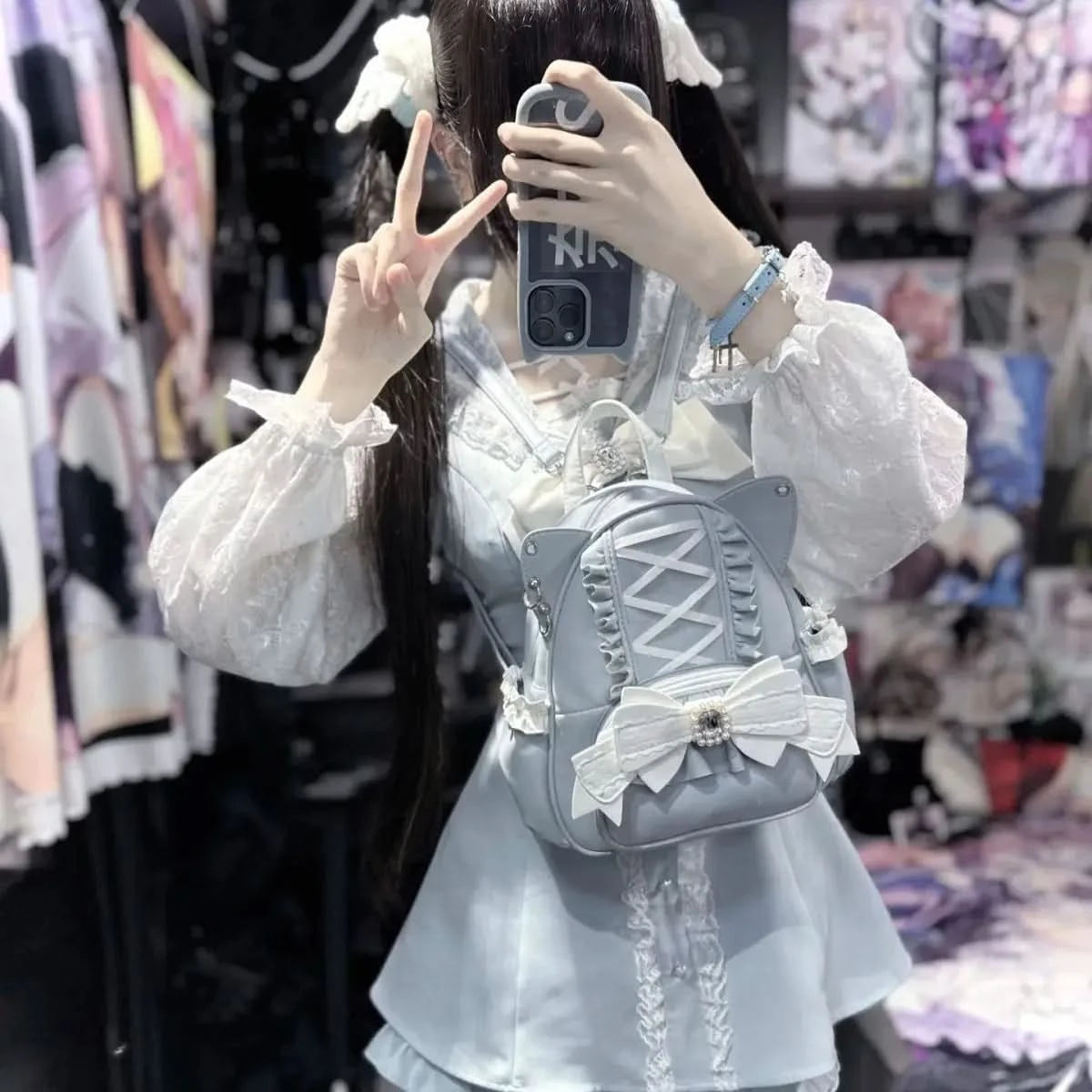 Korean Fashion Y2k Punk Backpack Lace Bow Cat Ear Lotus Lace Decoration Lolita Backbag PU Leather Large Capacity Women Backpack - M & M Global