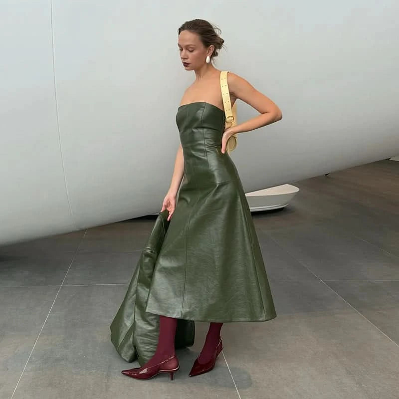 PU Leather Strapless Dresses Coat Women's Two Pieces Set Vintage Tube Sleeveless Slim Long Dress Lapel Jackets Street Outfits - M & M Global
