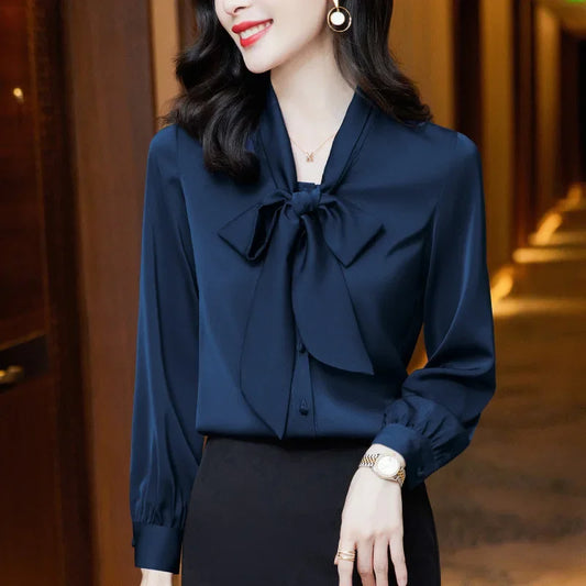Elegant Pure Color Long Sleeve Women's Shirt with Bow Tie Single Button Open Cardigan Spring Autumn Fashionable Ageless